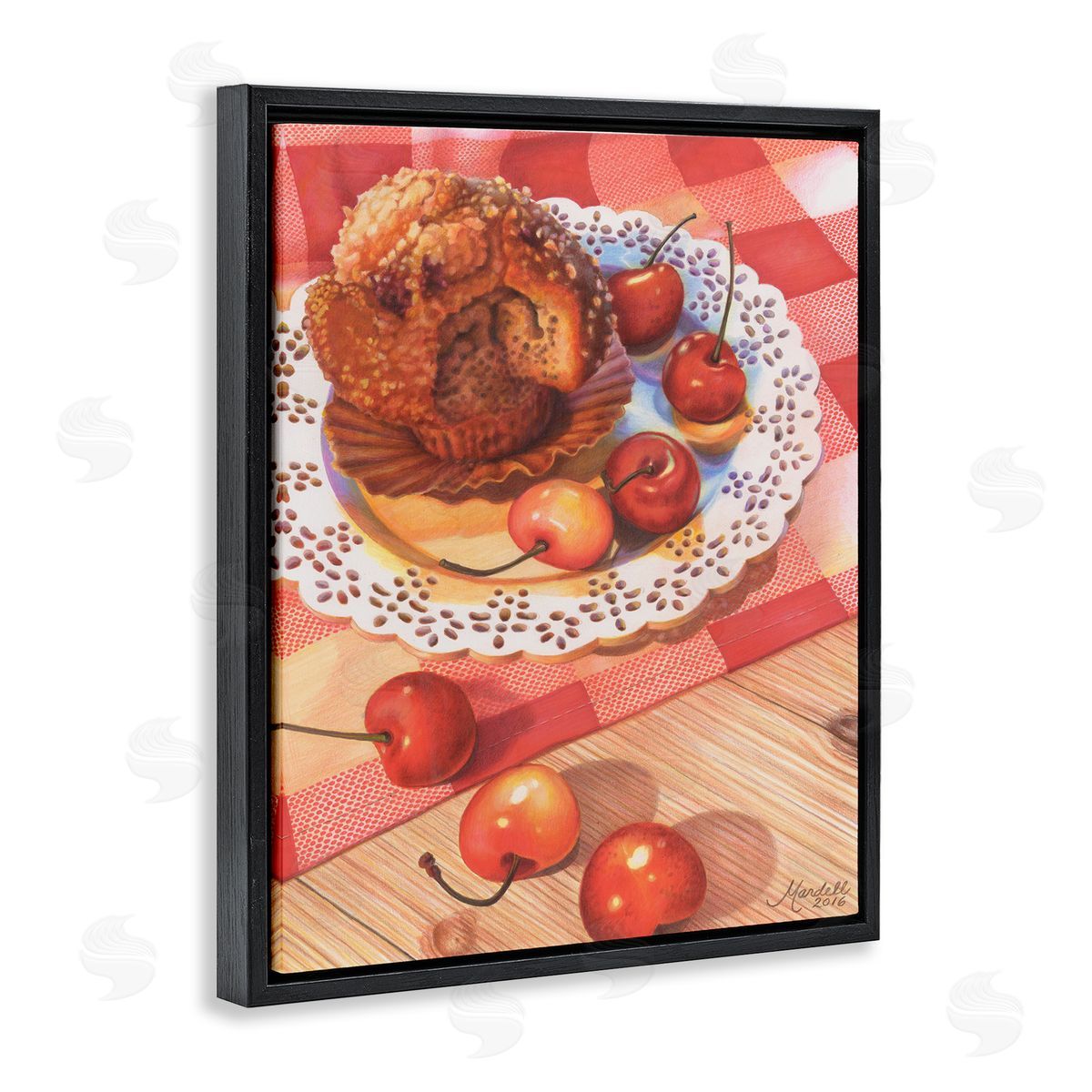 Country Cherries and Muffin Black Floating Frame Canvas Wall Art, Home Decor by Mardell Schuster