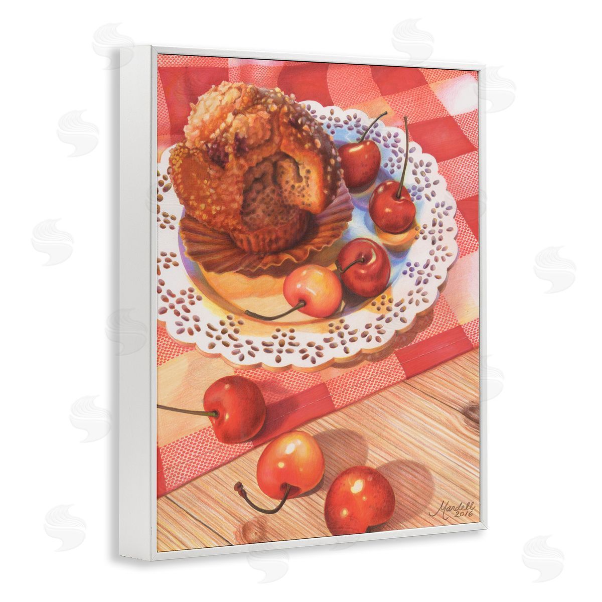 Country Cherries and Muffin White Frame Print Wall Art, Home Decor by Mardell Schuster