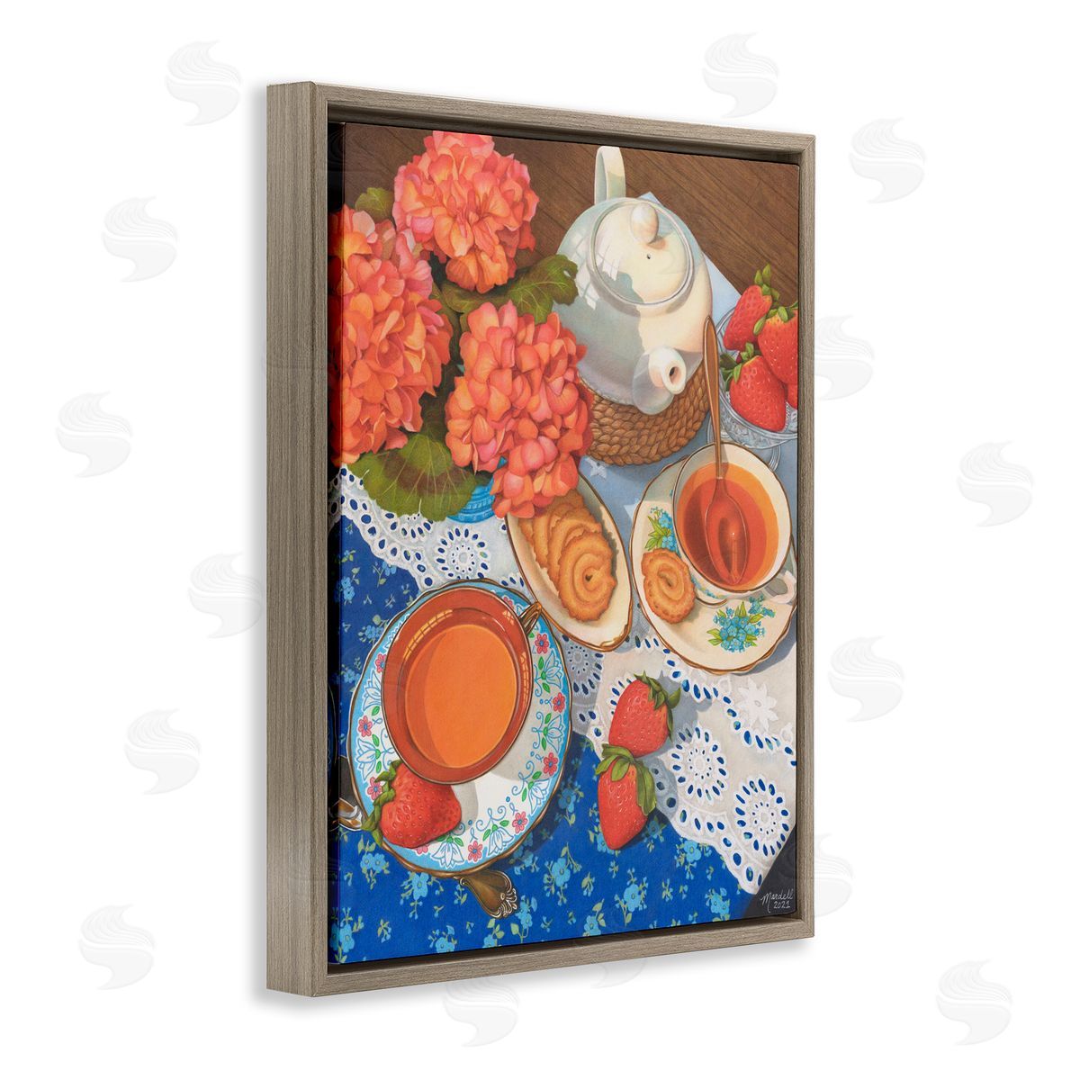 Country Tea Time Brown Floating Frame Canvas Wall Art, Home Decor by Mardell Schuster
