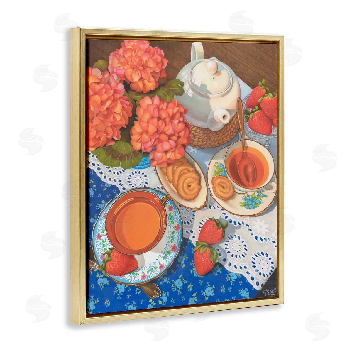 Country Tea Time Gold Floating Frame Canvas Wall Art, Home Decor by Mardell Schuster