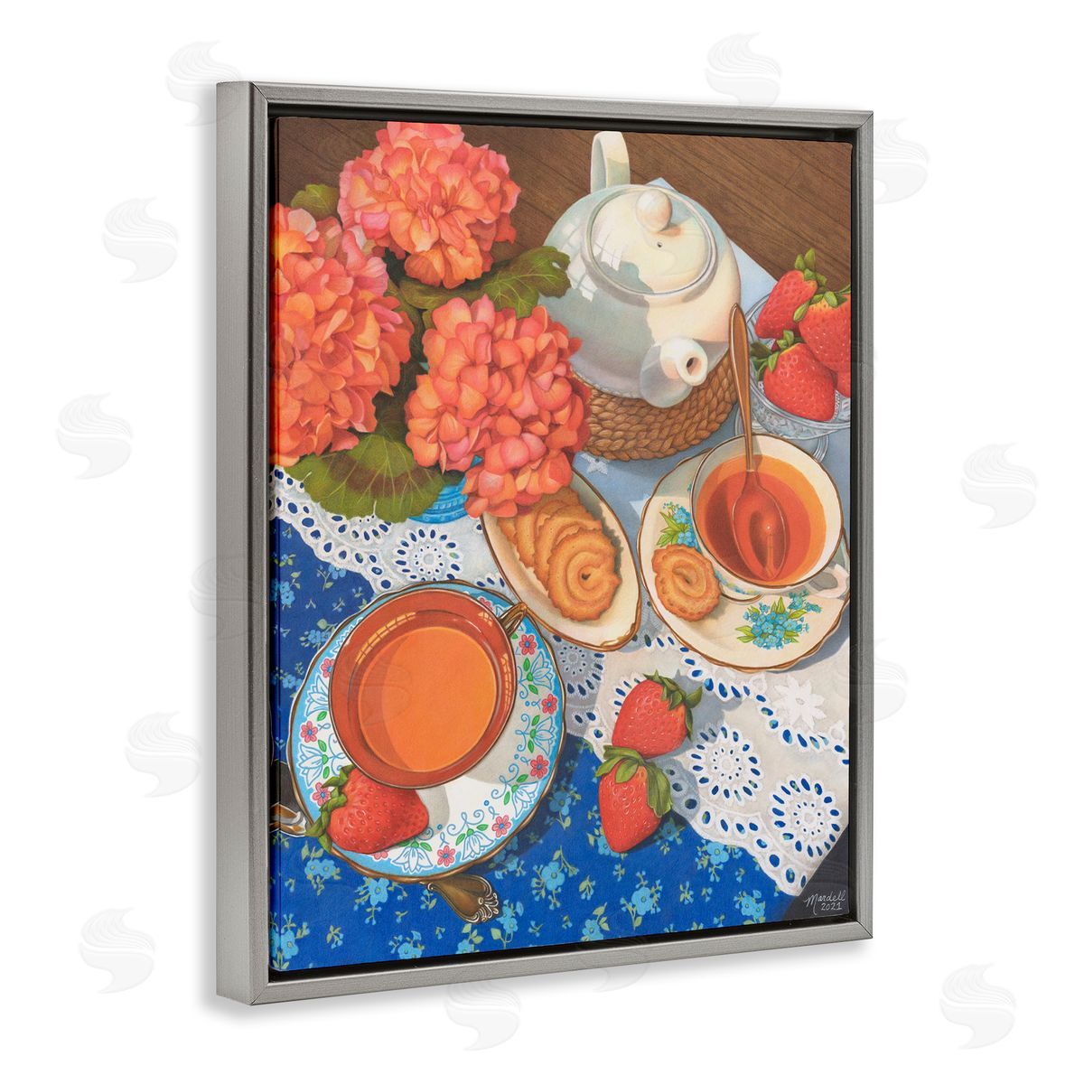 Country Tea Time Grey Floating Frame Canvas Wall Art, Home Decor by Mardell Schuster