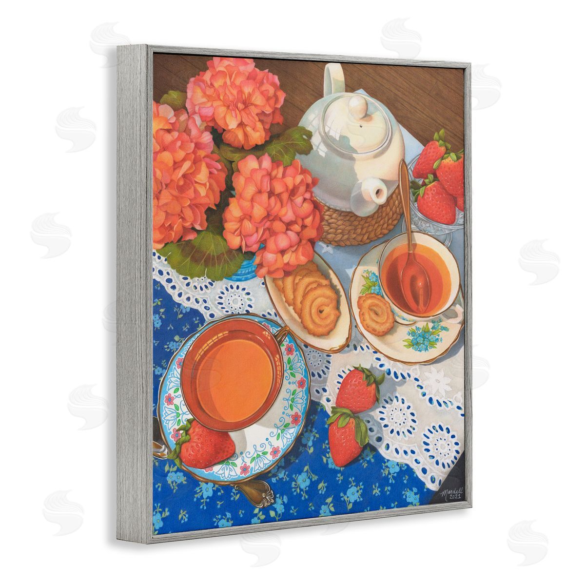 Country Tea Time Grey Frame Print Wall Art, Home Decor by Mardell Schuster