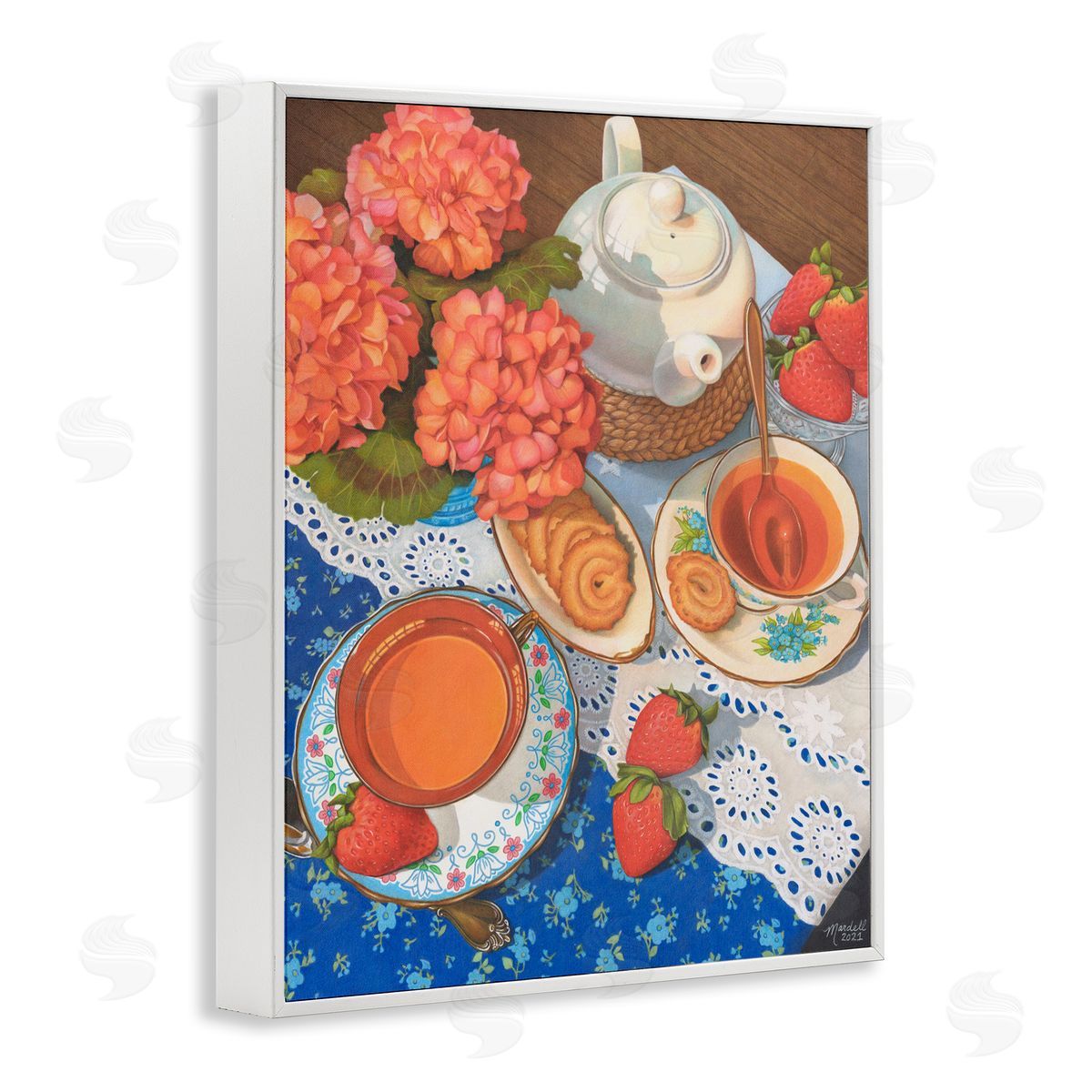 Country Tea Time White Frame Print Wall Art, Home Decor by Mardell Schuster