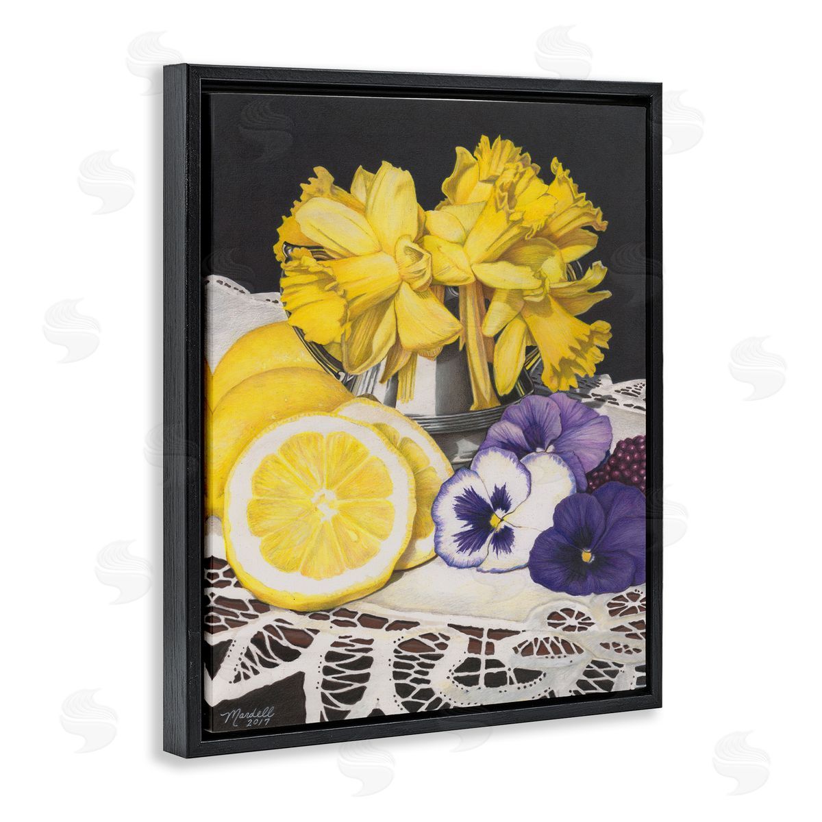 Daffodils and Lemons Still Life Black Floating Frame Canvas Wall Art, Home Decor by Mardell Schuster