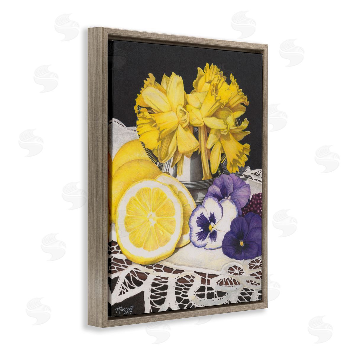 Daffodils and Lemons Still Life Brown Floating Frame Canvas Wall Art, Home Decor by Mardell Schuster