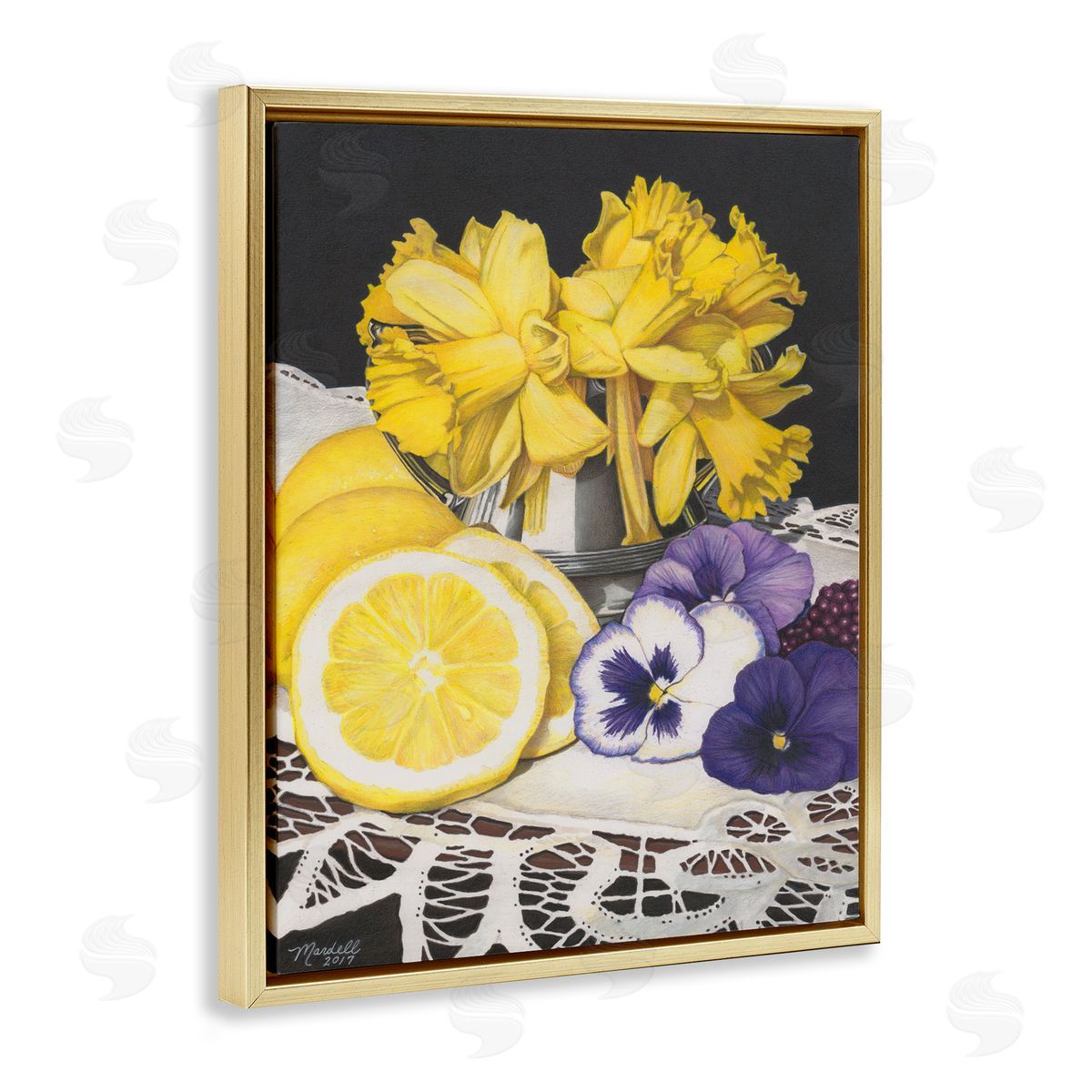 Daffodils and Lemons Still Life Gold Floating Frame Canvas Wall Art, Home Decor by Mardell Schuster