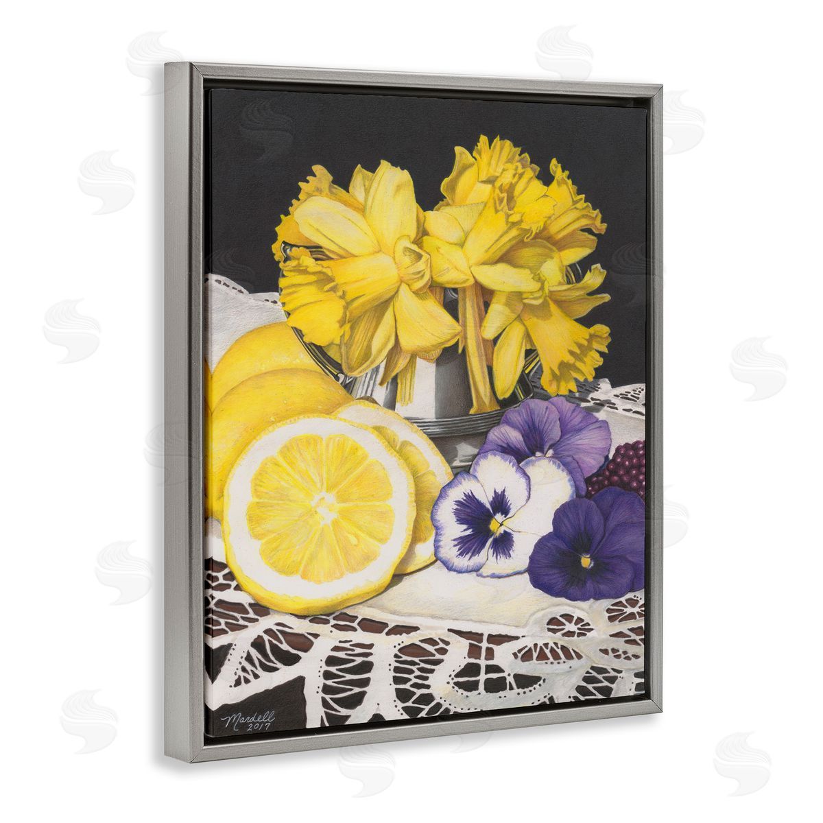 Daffodils and Lemons Still Life Grey Floating Frame Canvas Wall Art, Home Decor by Mardell Schuster