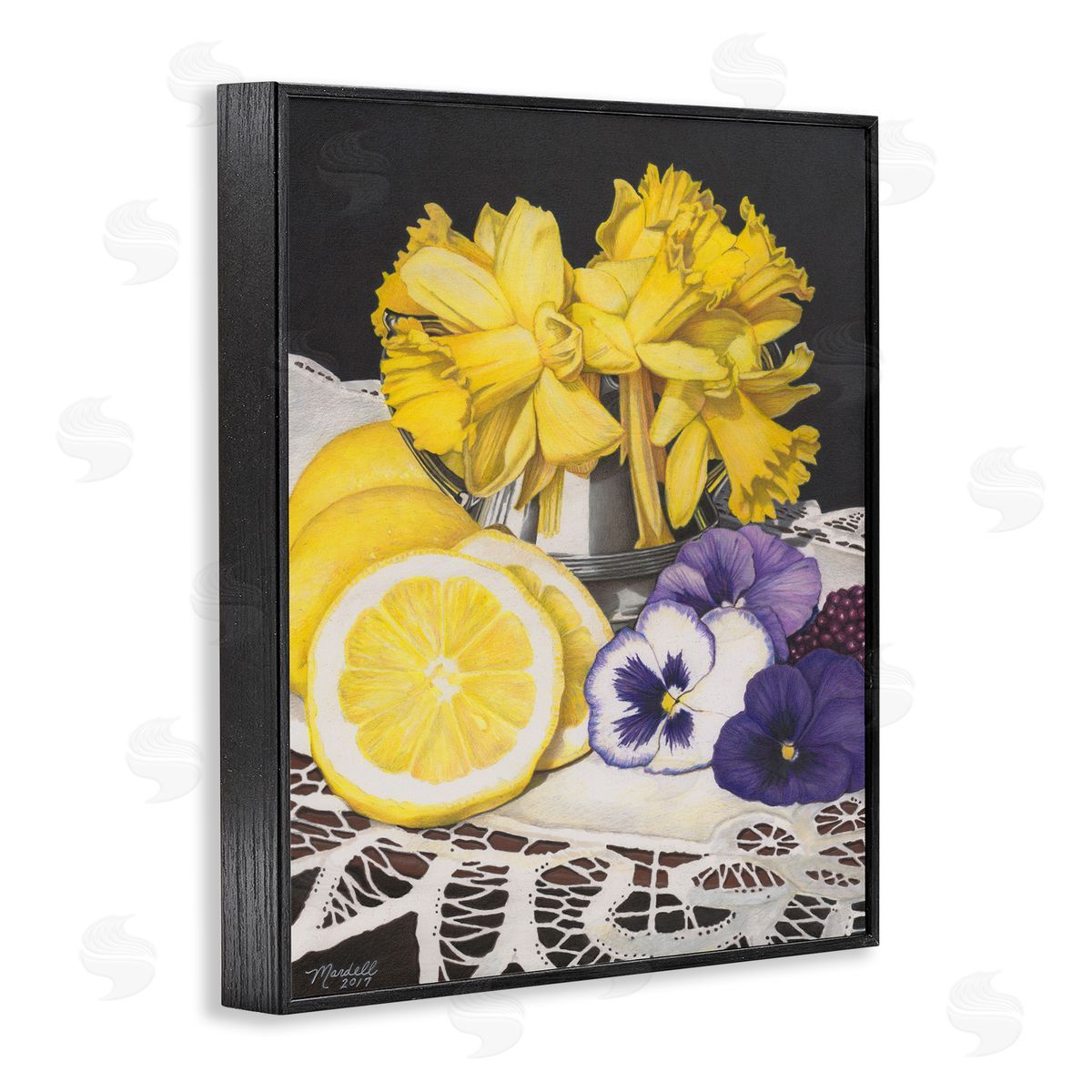 Daffodils and Lemons Still Life Black Frame Print Wall Art, Home Decor by Mardell Schuster