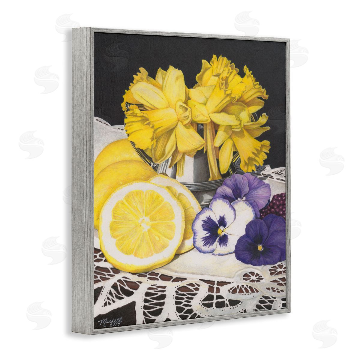Daffodils and Lemons Still Life Grey Frame Print Wall Art, Home Decor by Mardell Schuster