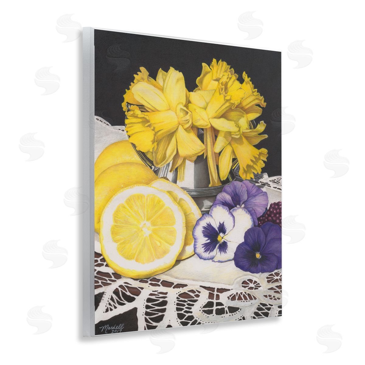 Daffodils and Lemons Still Life Wood Plaque Wall Art, Home Decor by Mardell Schuster