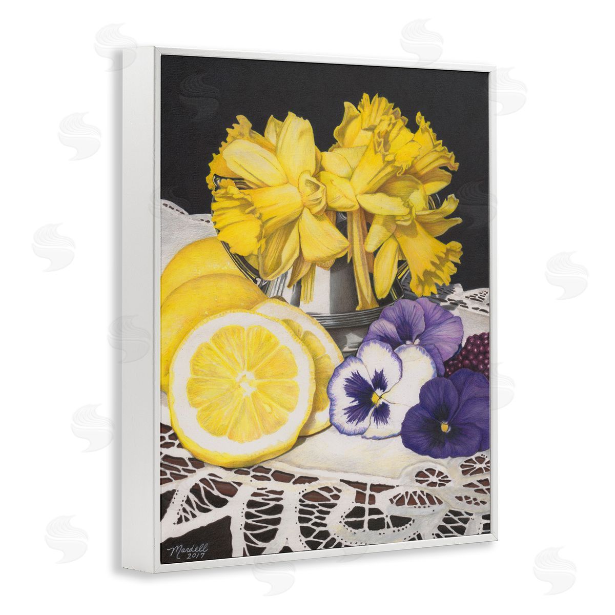 Daffodils and Lemons Still Life White Frame Print Wall Art, Home Decor by Mardell Schuster