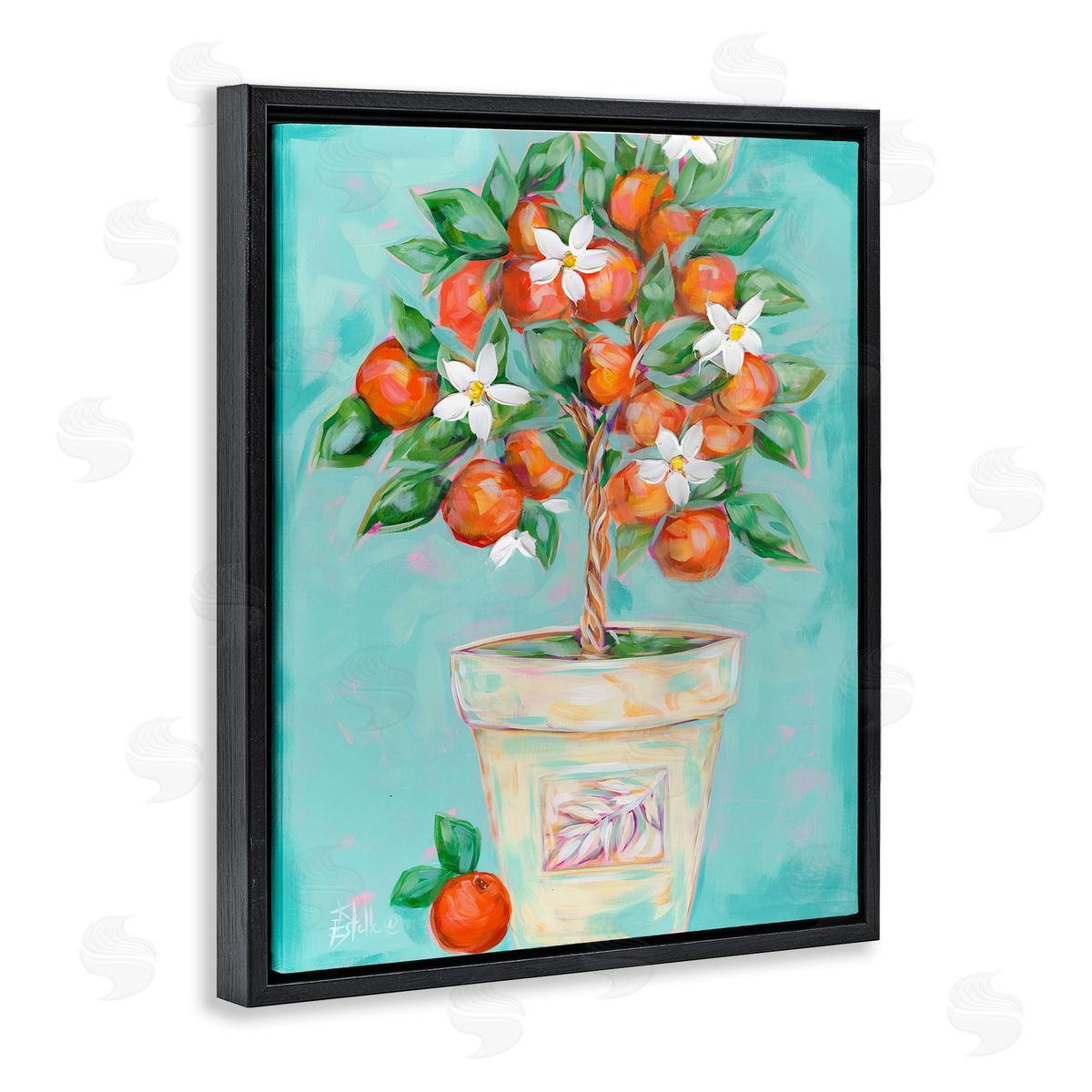 Orange Blossom Clay Pot Black Floating Frame Canvas Wall Art, Home Decor by Estelle Grengs