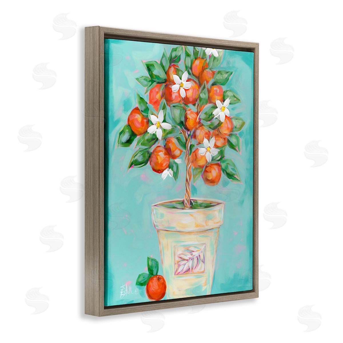 Orange Blossom Clay Pot Brown Floating Frame Canvas Wall Art, Home Decor by Estelle Grengs