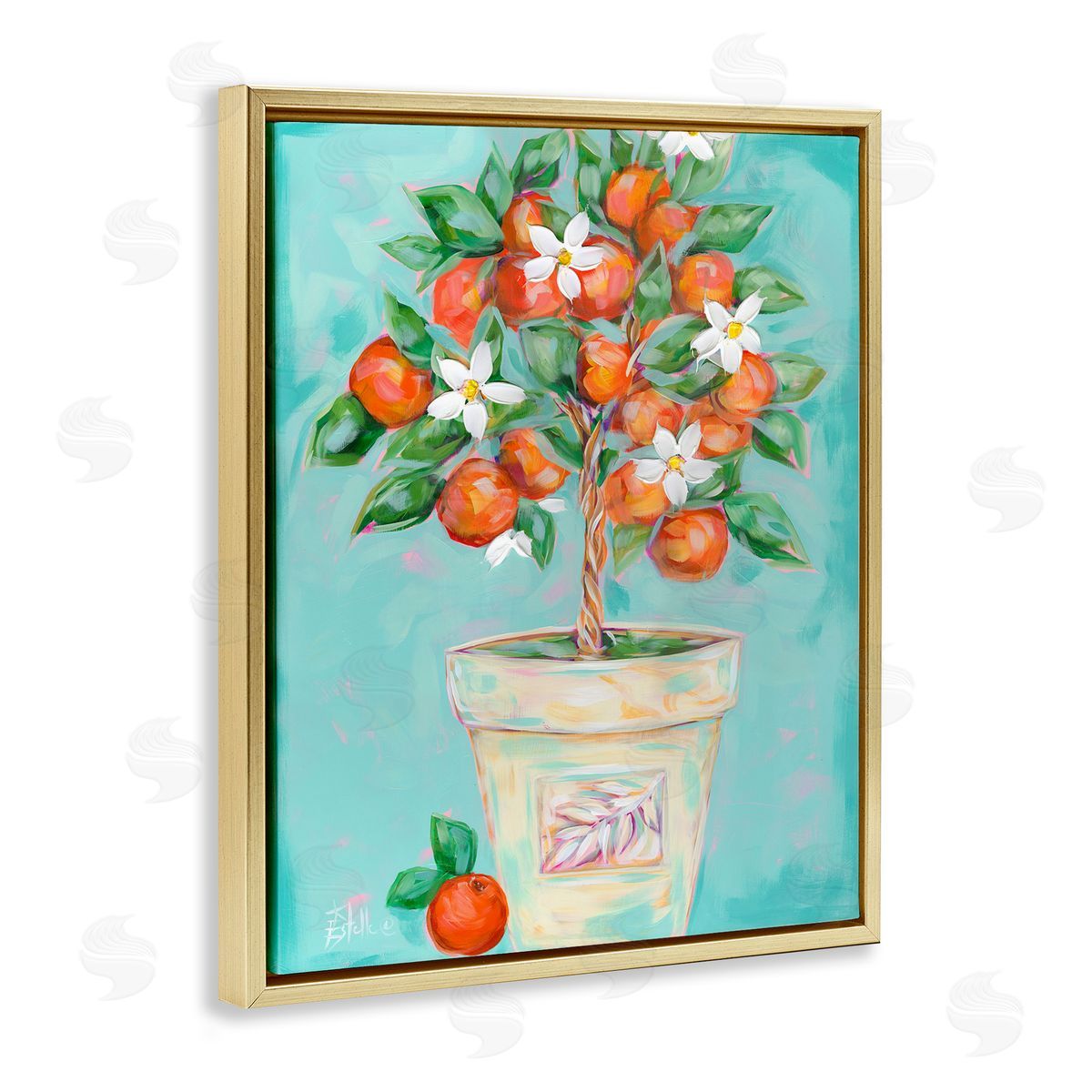 Orange Blossom Clay Pot Gold Floating Frame Canvas Wall Art, Home Decor by Estelle Grengs