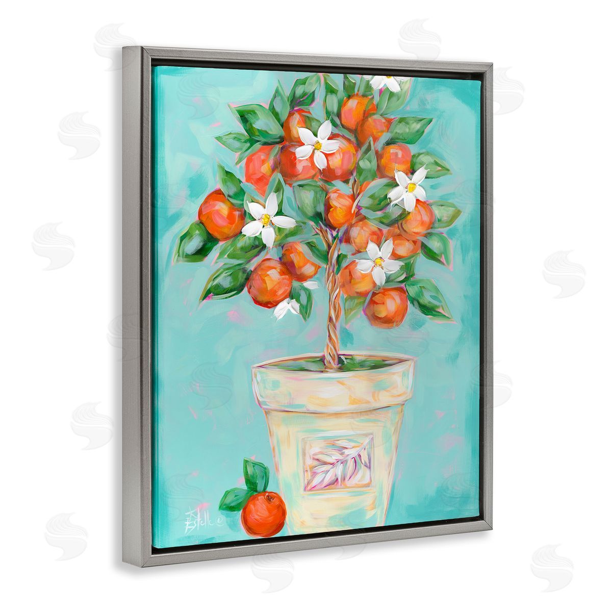 Orange Blossom Clay Pot Grey Floating Frame Canvas Wall Art, Home Decor by Estelle Grengs