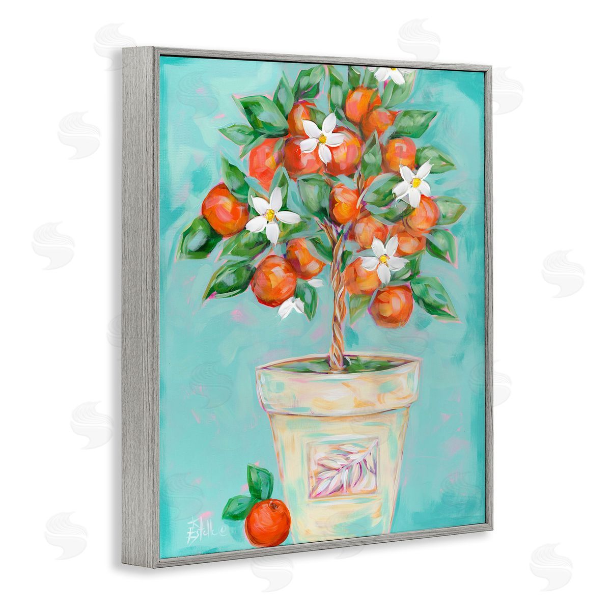 Orange Blossom Clay Pot Grey Frame Print Wall Art, Home Decor by Estelle Grengs