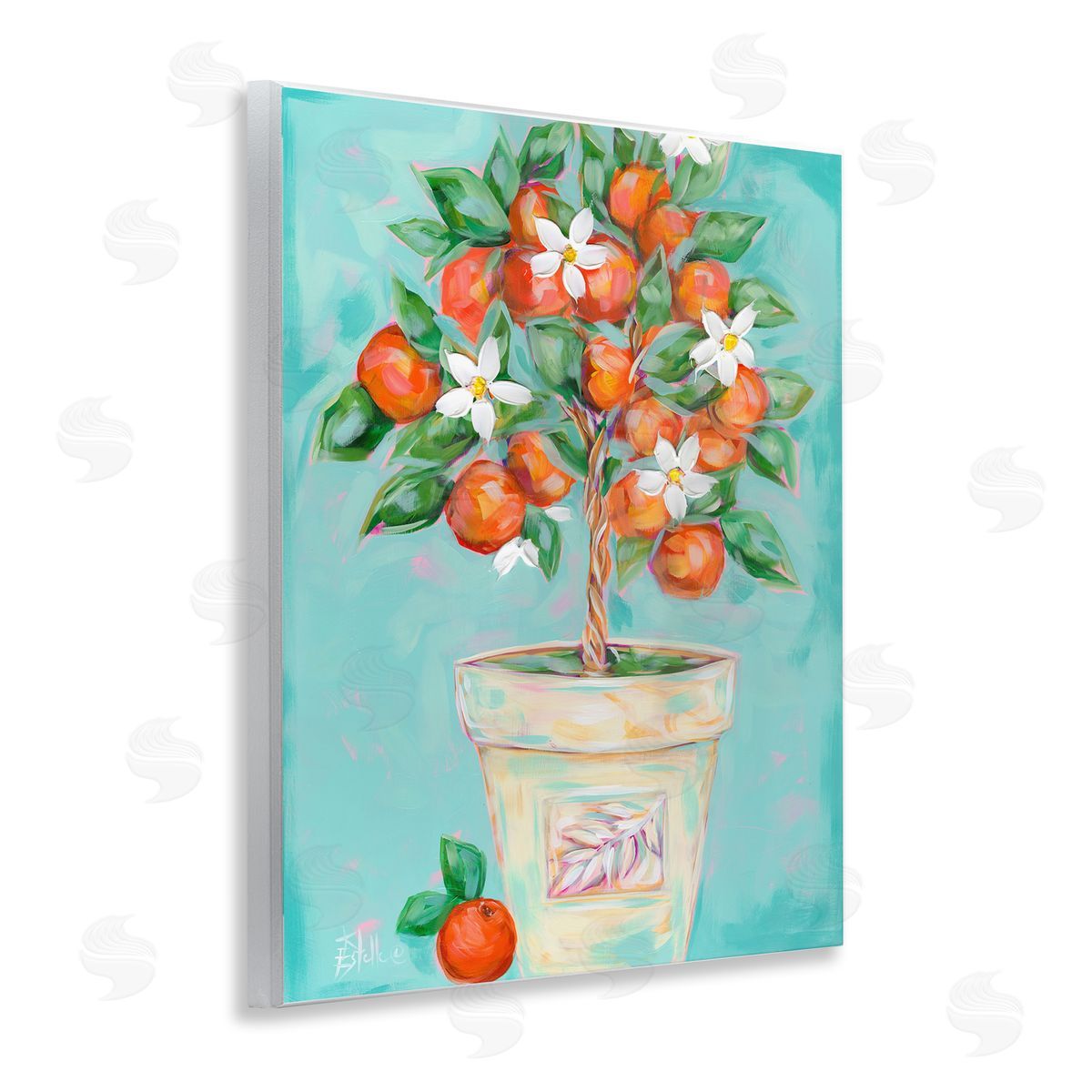 Orange Blossom Clay Pot Wood Plaque Wall Art, Home Decor by Estelle Grengs