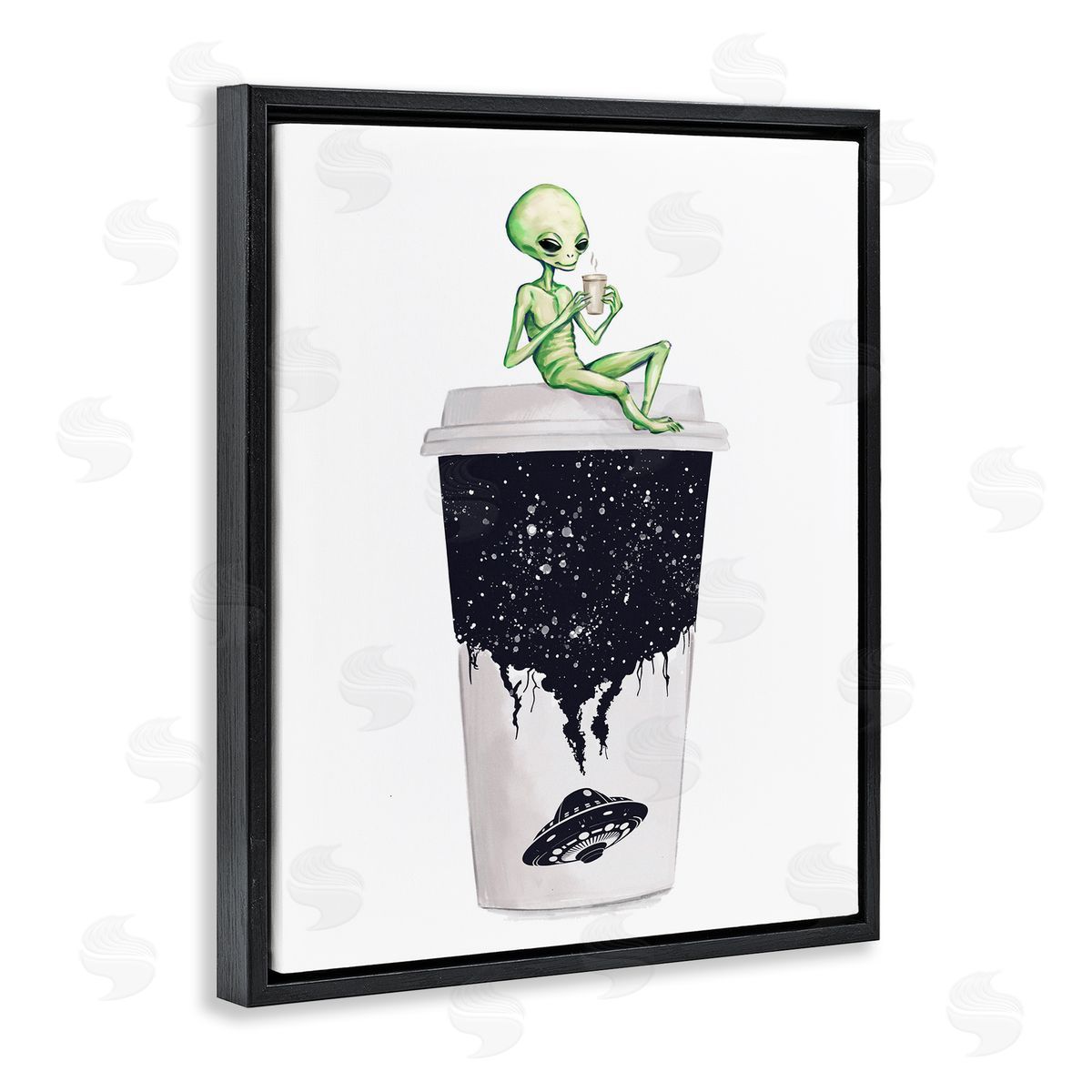 Alien and Coffee Cup Black Floating Frame Canvas Wall Art, Home Decor by Ziwei Li