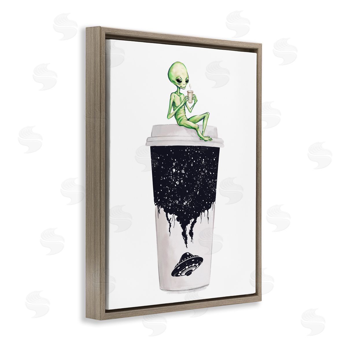 Alien and Coffee Cup Brown Floating Frame Canvas Wall Art, Home Decor by Ziwei Li