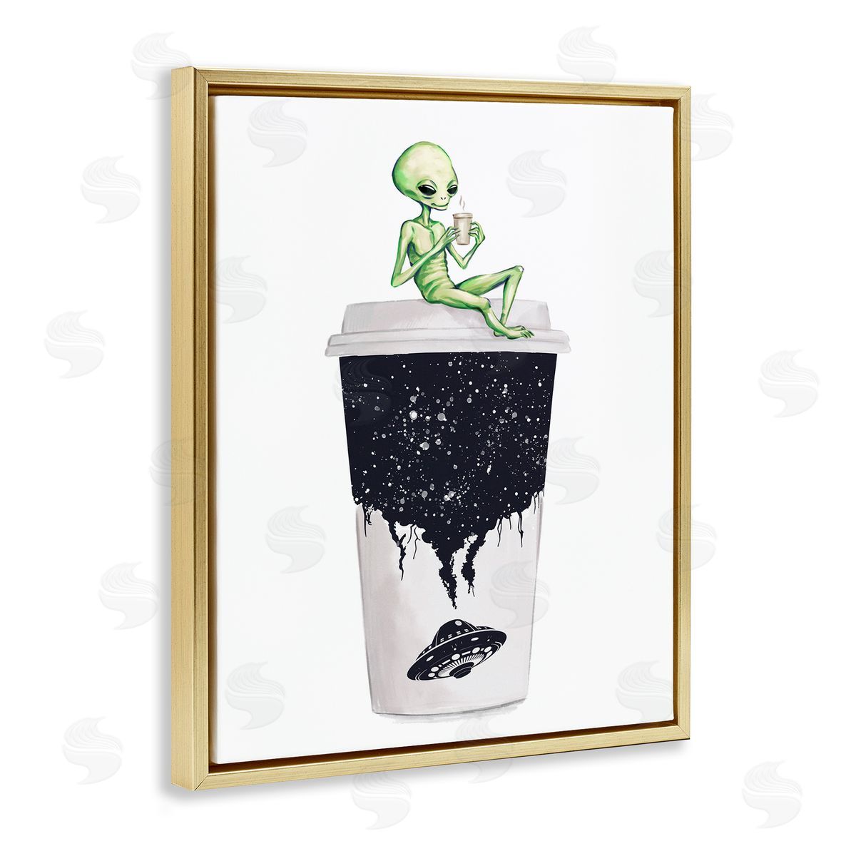 Alien and Coffee Cup Gold Floating Frame Canvas Wall Art, Home Decor by Ziwei Li