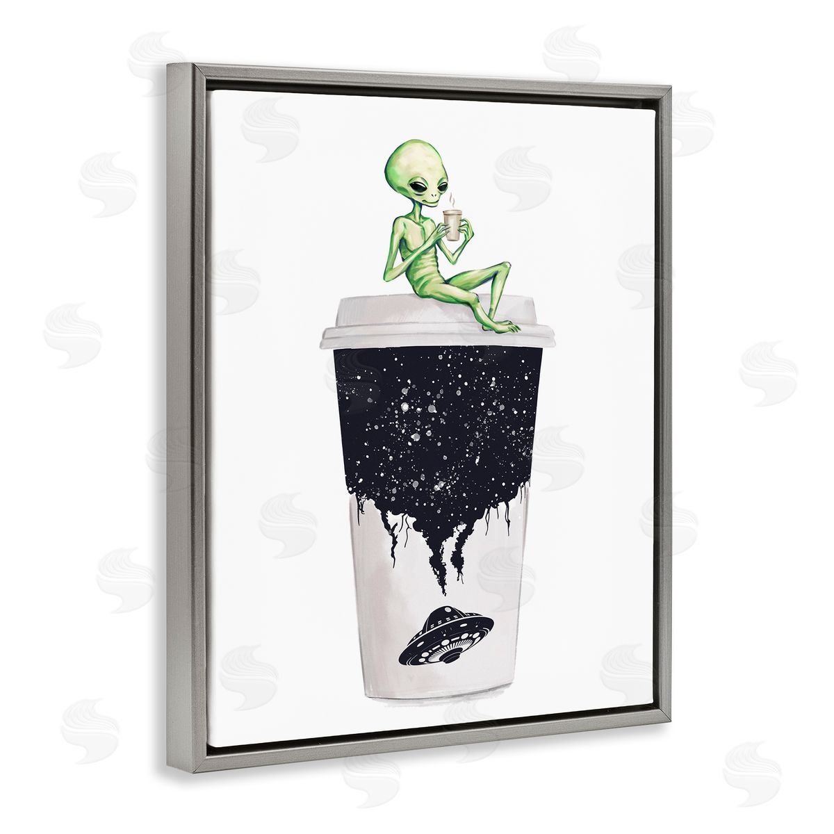 Alien and Coffee Cup Grey Floating Frame Canvas Wall Art, Home Decor by Ziwei Li