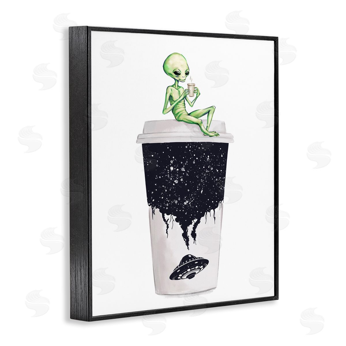 Alien and Coffee Cup Black Frame Print Wall Art, Home Decor by Ziwei Li