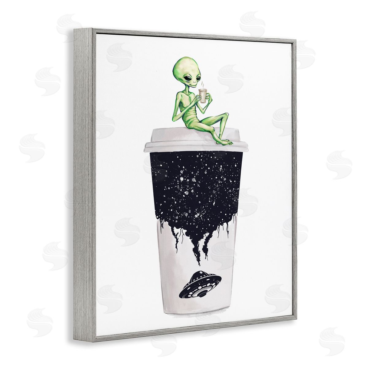 Alien and Coffee Cup Grey Frame Print Wall Art, Home Decor by Ziwei Li