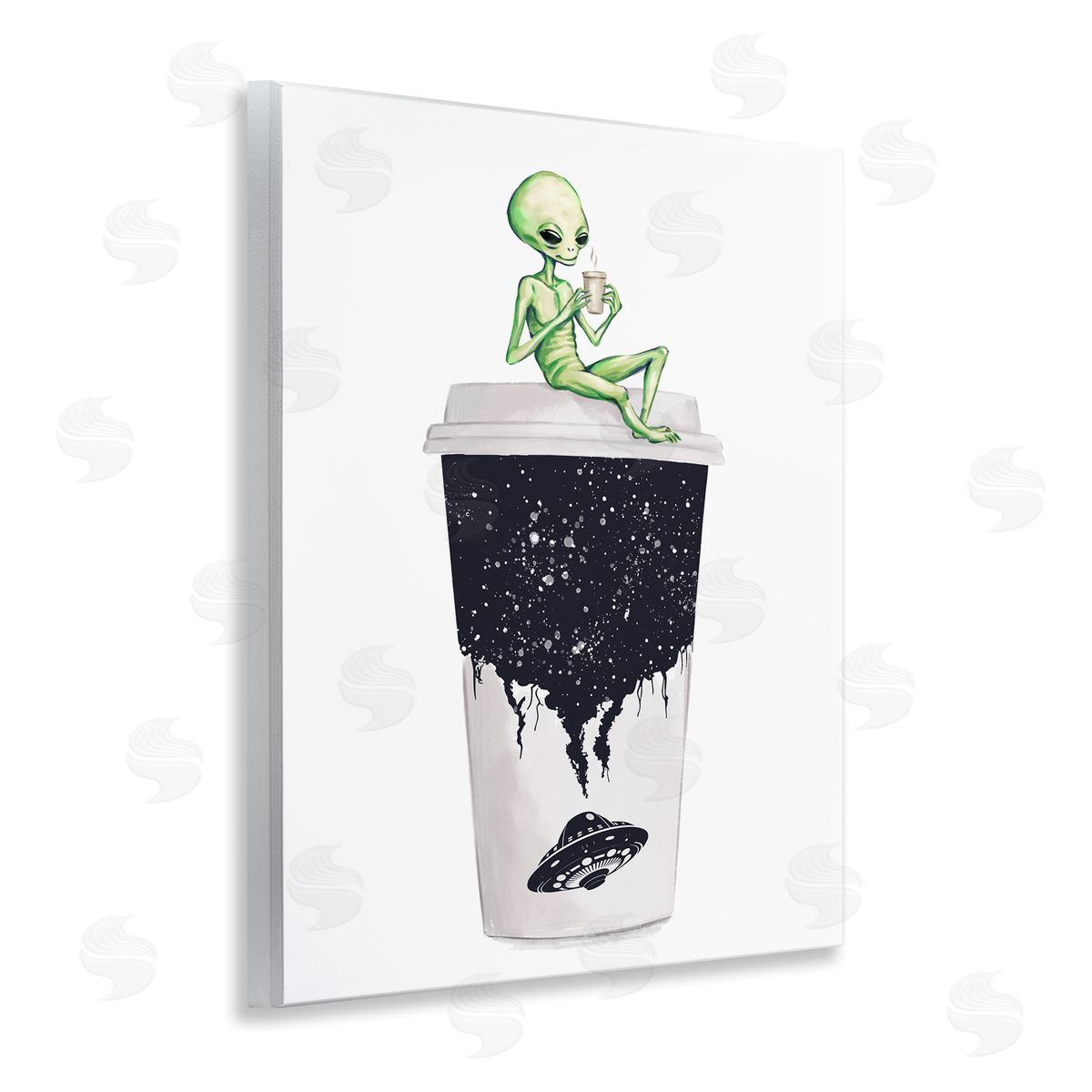 Alien and Coffee Cup Wood Plaque Wall Art, Home Decor by Ziwei Li