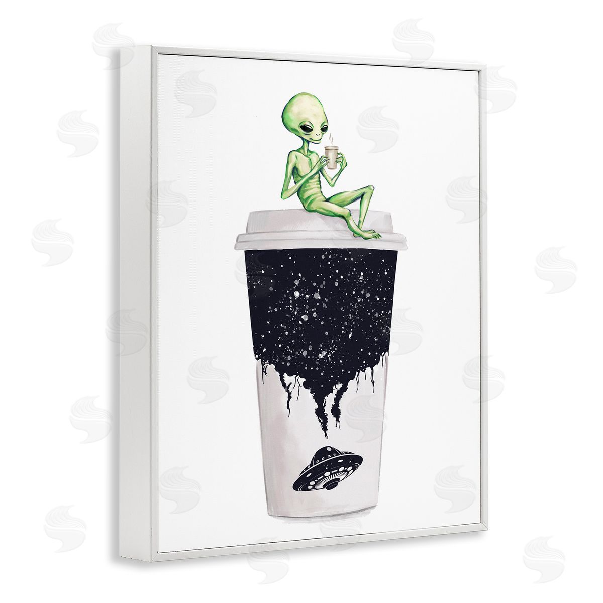 Alien and Coffee Cup White Frame Print Wall Art, Home Decor by Ziwei Li