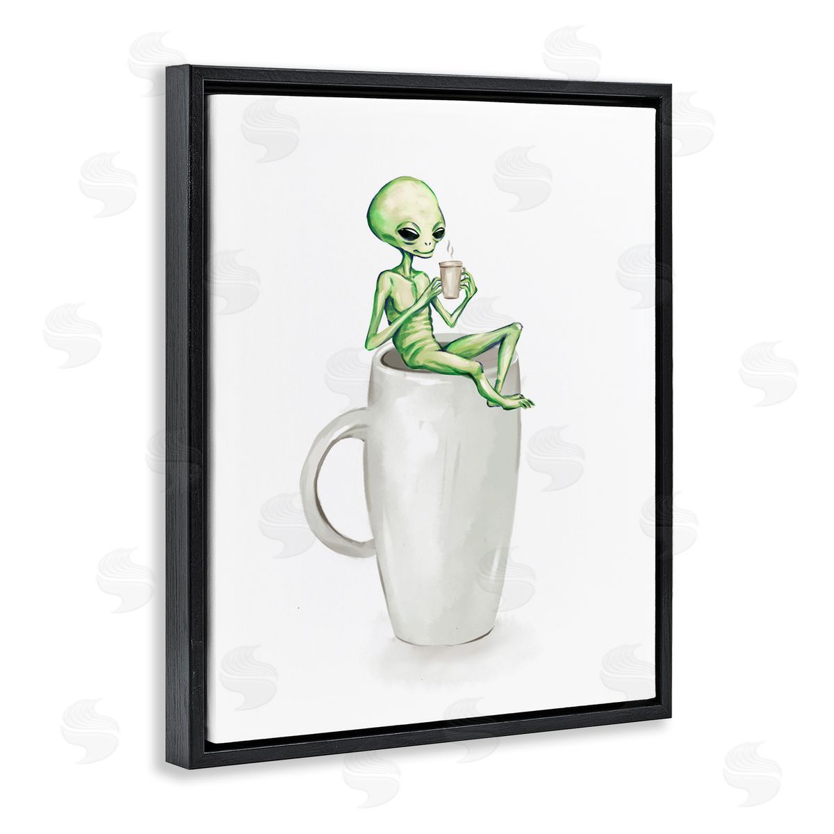 Alien and Coffee Mug Black Floating Frame Canvas Wall Art, Home Decor by Ziwei Li
