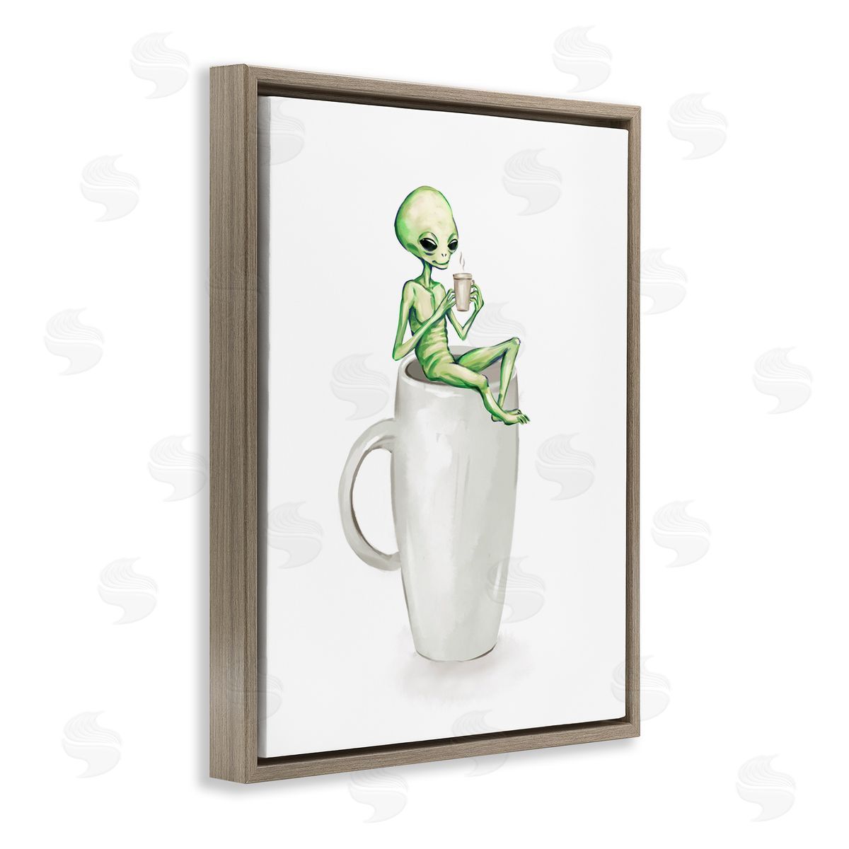 Alien and Coffee Mug Brown Floating Frame Canvas Wall Art, Home Decor by Ziwei Li