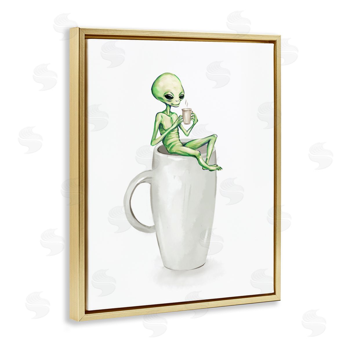 Alien and Coffee Mug Gold Floating Frame Canvas Wall Art, Home Decor by Ziwei Li