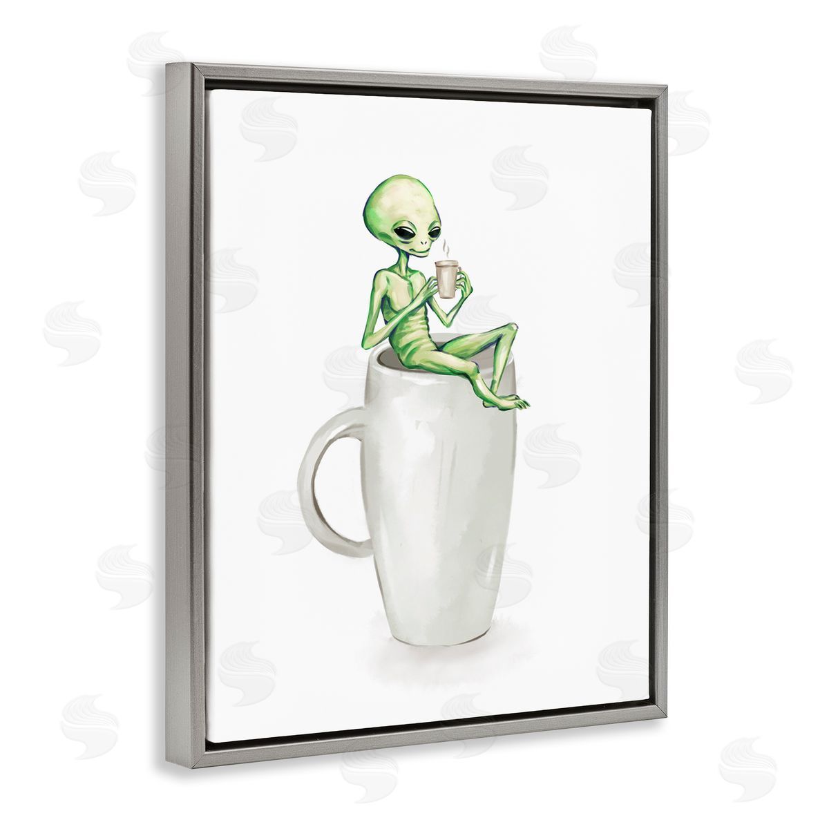 Alien and Coffee Mug Grey Floating Frame Canvas Wall Art, Home Decor by Ziwei Li