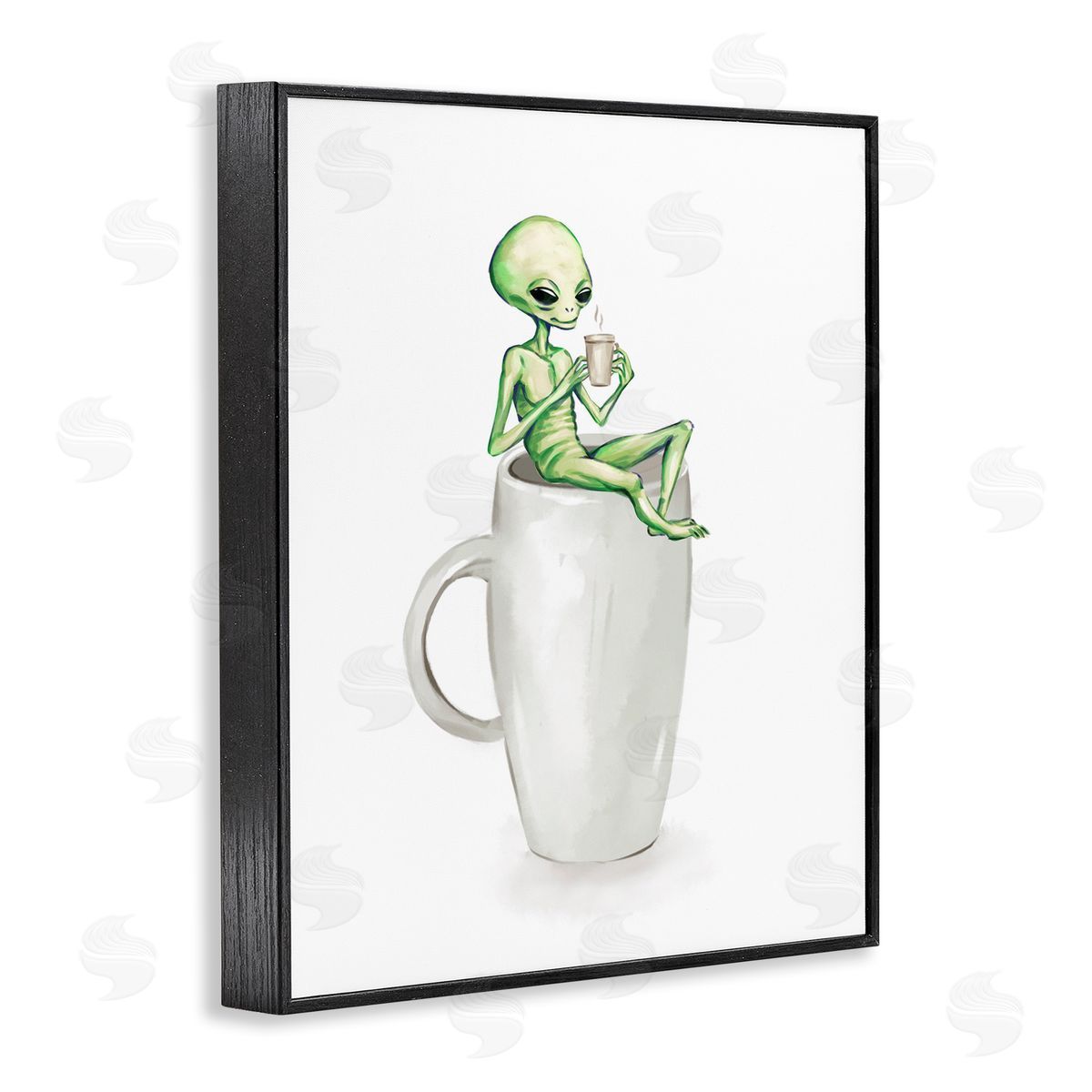 Alien and Coffee Mug Black Frame Print Wall Art, Home Decor by Ziwei Li