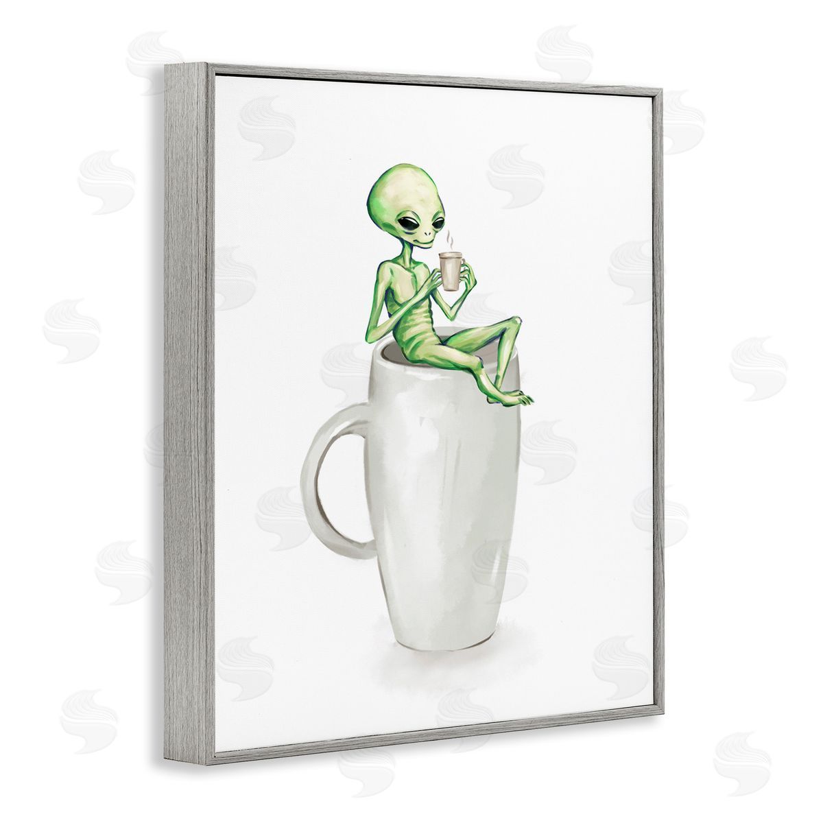 Alien and Coffee Mug Grey Frame Print Wall Art, Home Decor by Ziwei Li