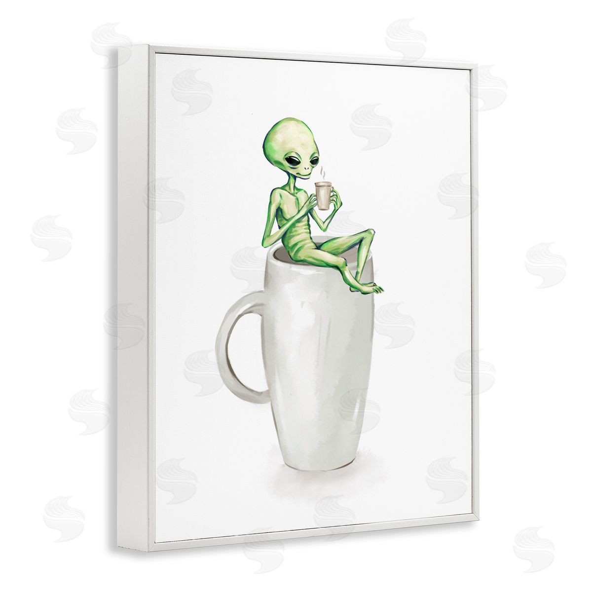 Alien and Coffee Mug White Frame Print Wall Art, Home Decor by Ziwei Li