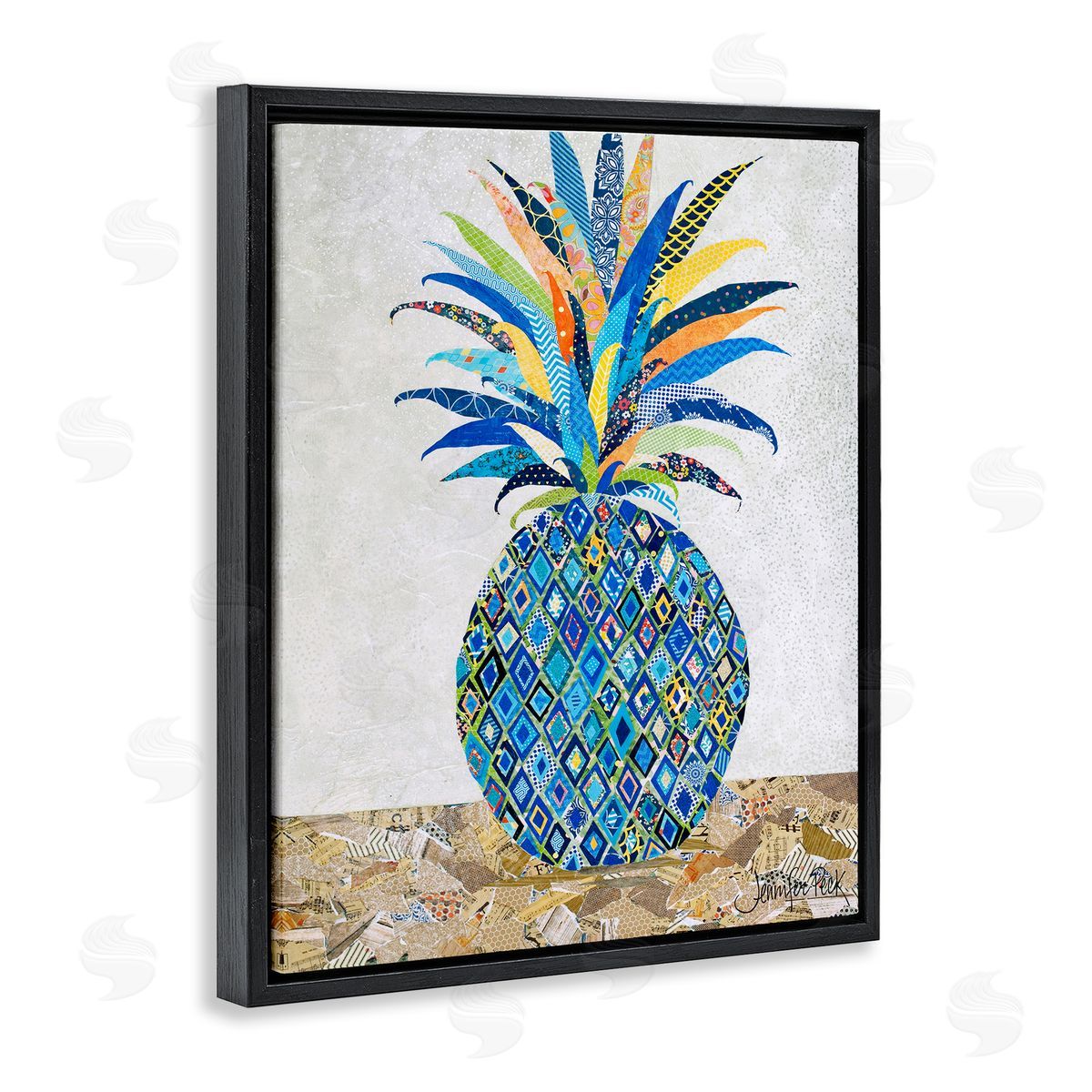 Mosaic Patterned Pineapple Black Floating Frame Canvas Wall Art, Home Decor by Jennifer Peck