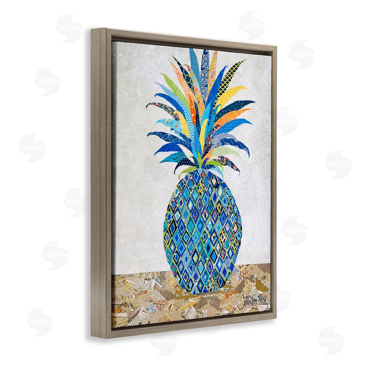 Mosaic Patterned Pineapple Brown Floating Frame Canvas Wall Art, Home Decor by Jennifer Peck