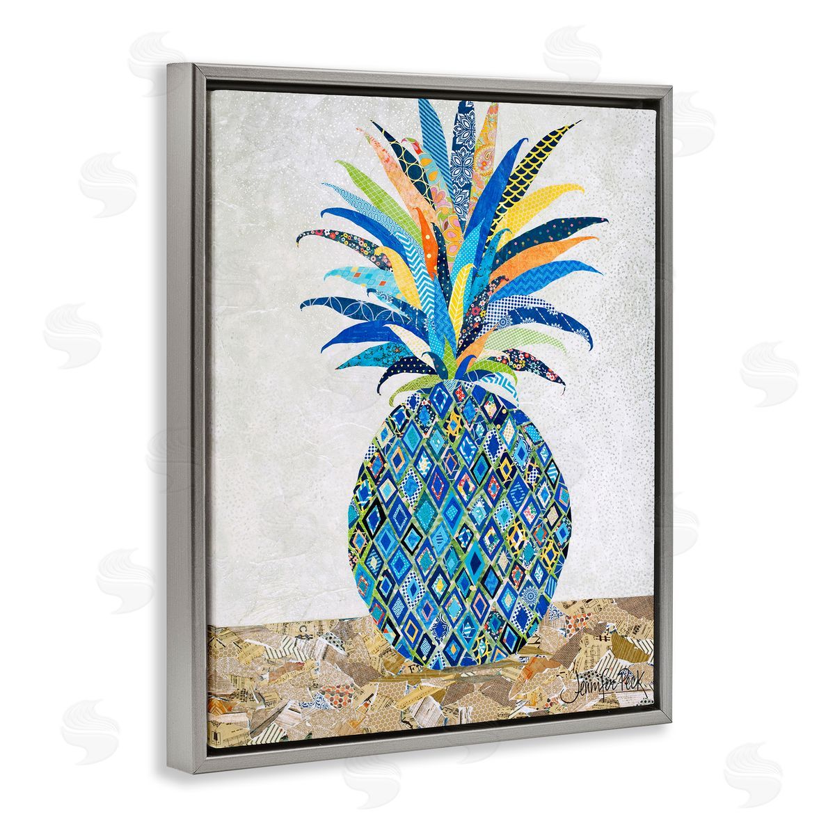 Mosaic Patterned Pineapple Grey Floating Frame Canvas Wall Art, Home Decor by Jennifer Peck