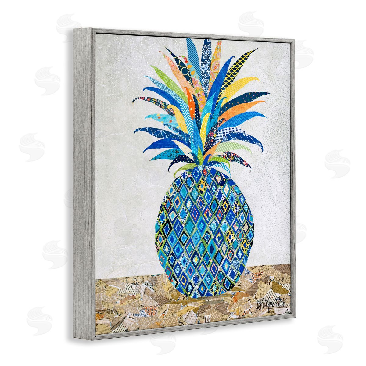 Mosaic Patterned Pineapple Grey Frame Print Wall Art, Home Decor by Jennifer Peck