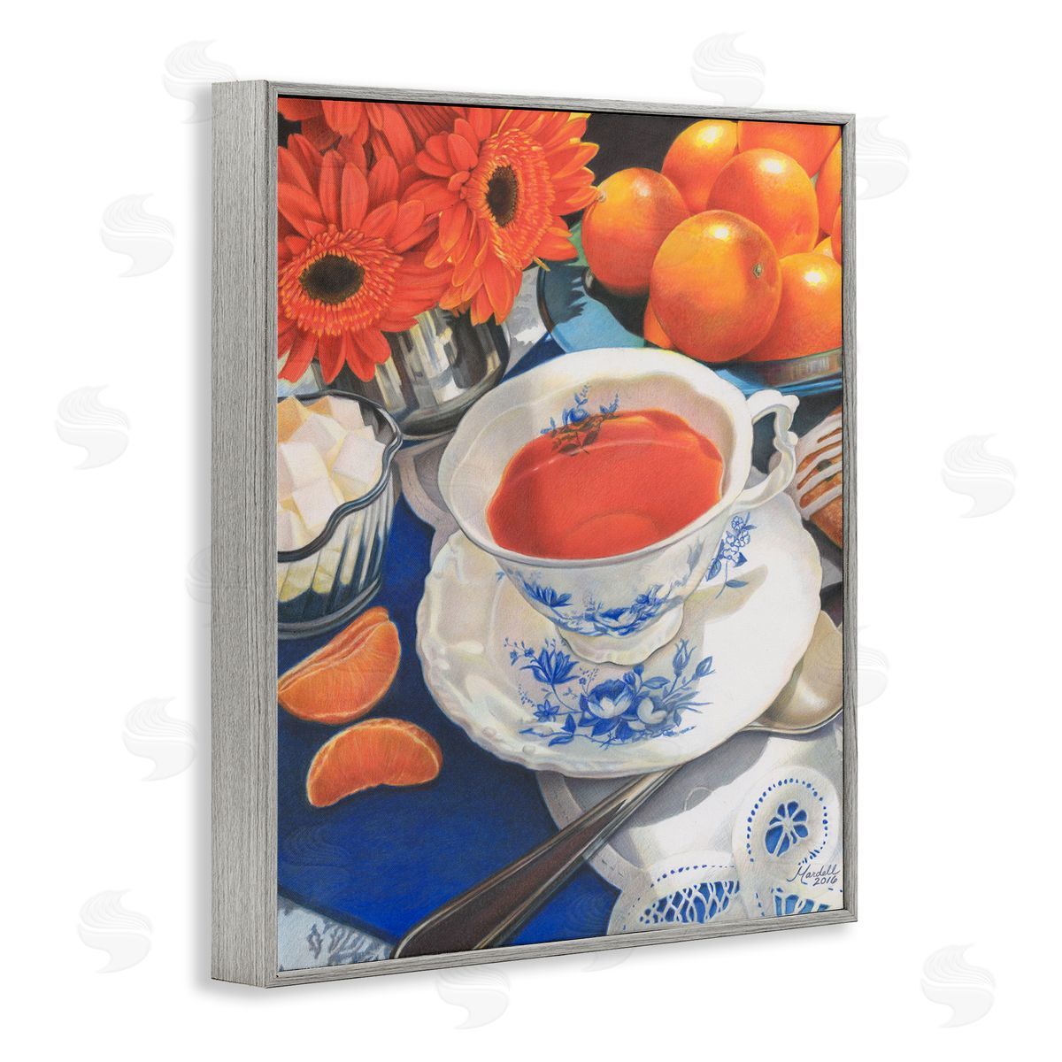 Citrus Tea Time Grey Frame Print Wall Art, Home Decor by Mardell Schuster