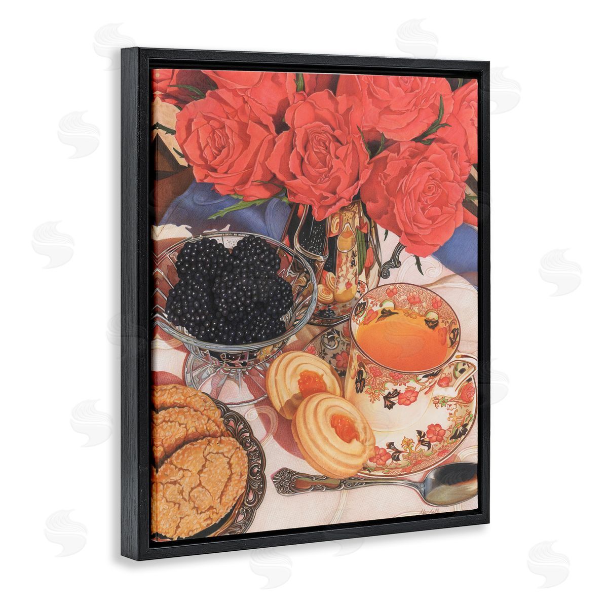 Tea Party and Berries Black Floating Frame Canvas Wall Art, Home Decor by Mardell Schuster