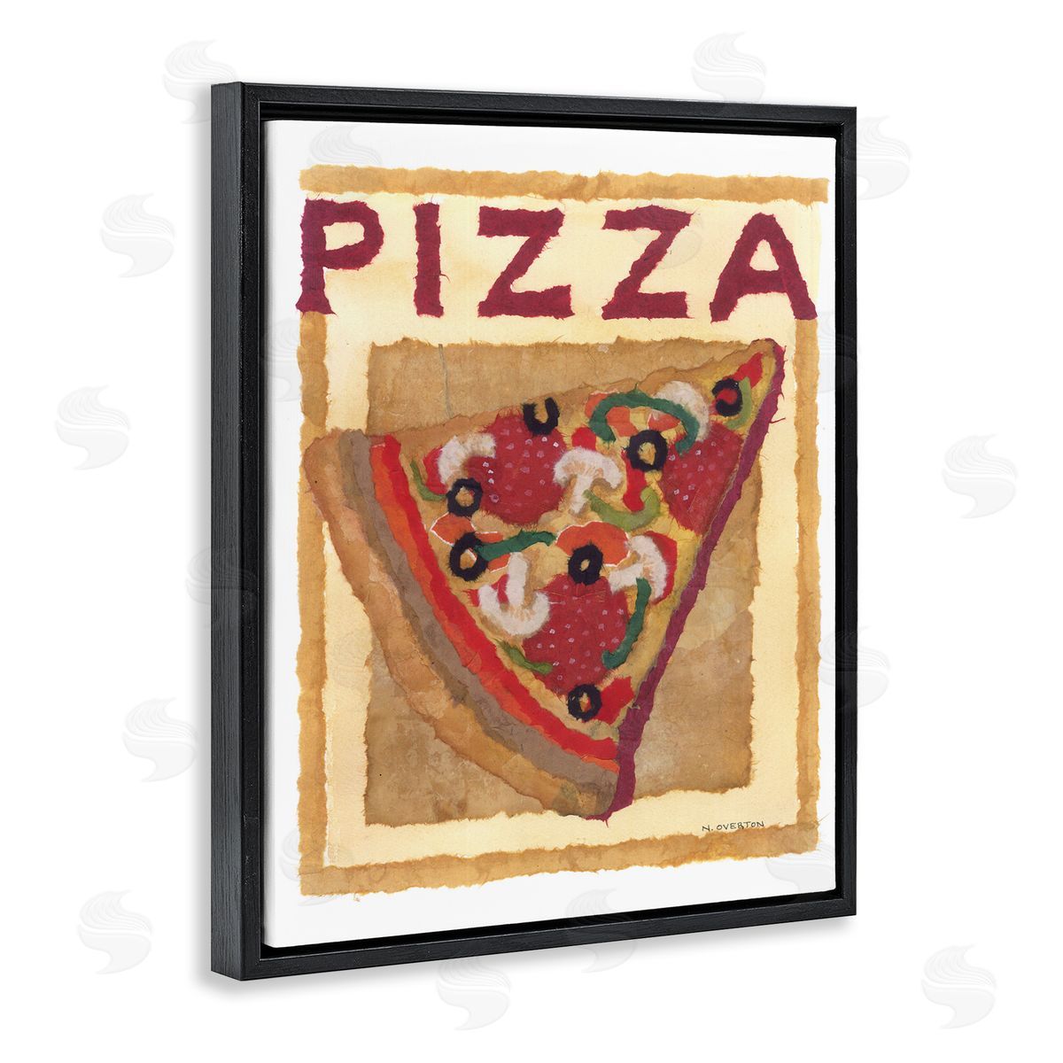 Watercolor Style Pizza Black Floating Frame Canvas Wall Art, Home Decor by Nancy Overton