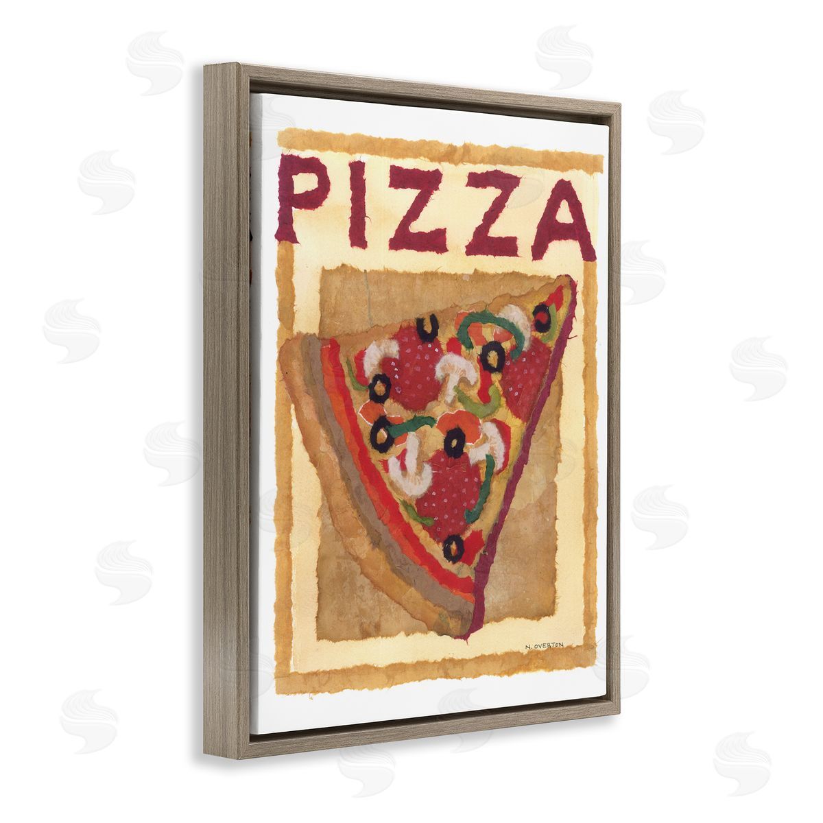 Watercolor Style Pizza Brown Floating Frame Canvas Wall Art, Home Decor by Nancy Overton