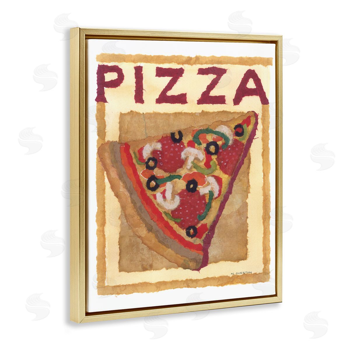 Watercolor Style Pizza Gold Floating Frame Canvas Wall Art, Home Decor by Nancy Overton
