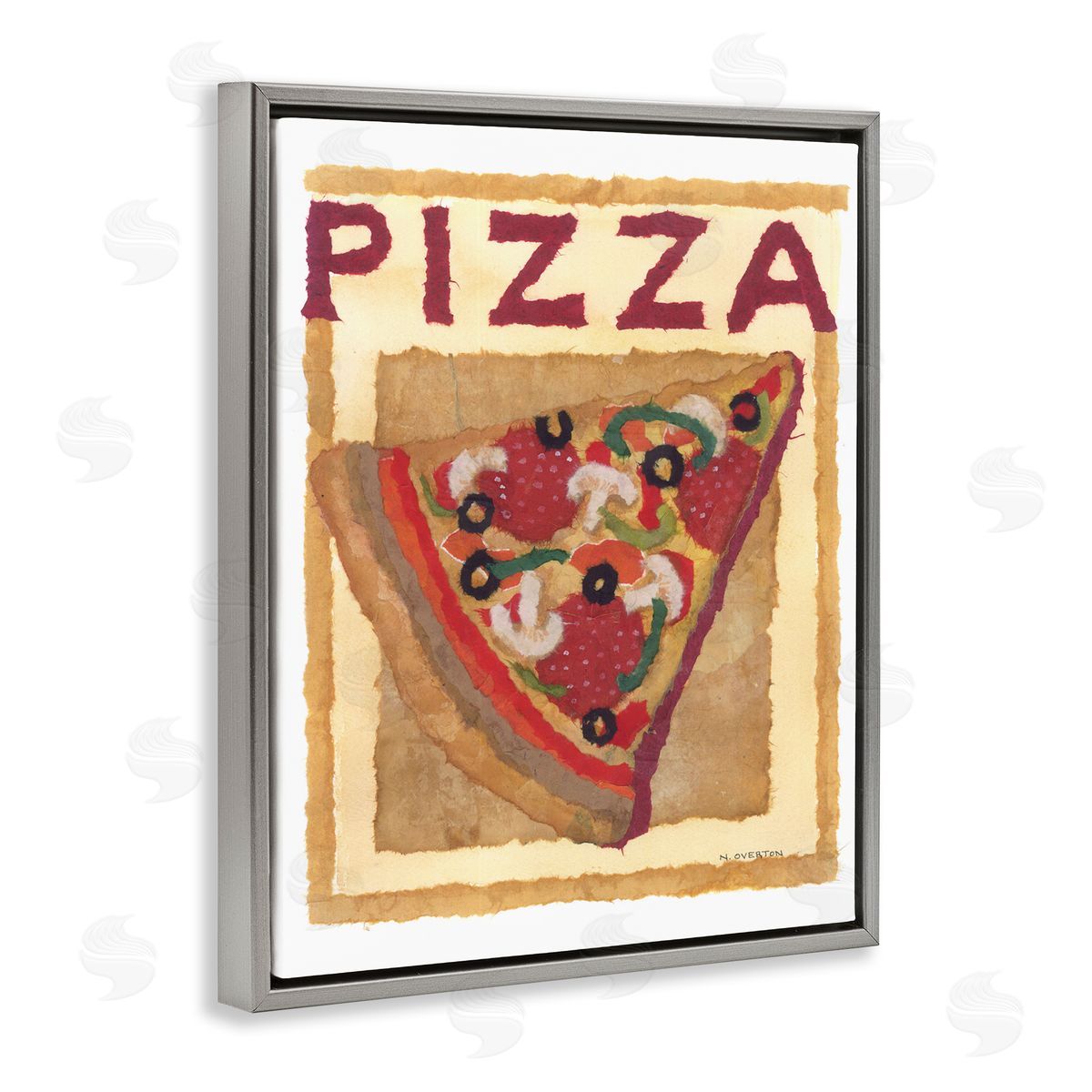 Watercolor Style Pizza Grey Floating Frame Canvas Wall Art, Home Decor by Nancy Overton