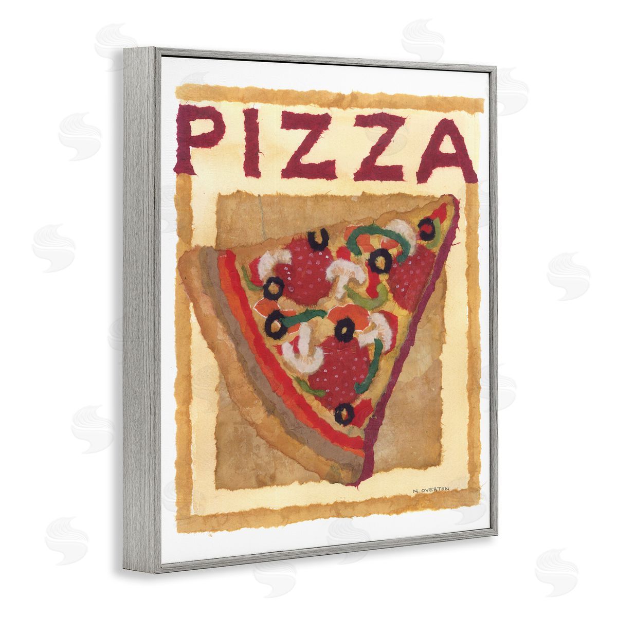 Watercolor Style Pizza Grey Frame Print Wall Art, Home Decor by Nancy Overton