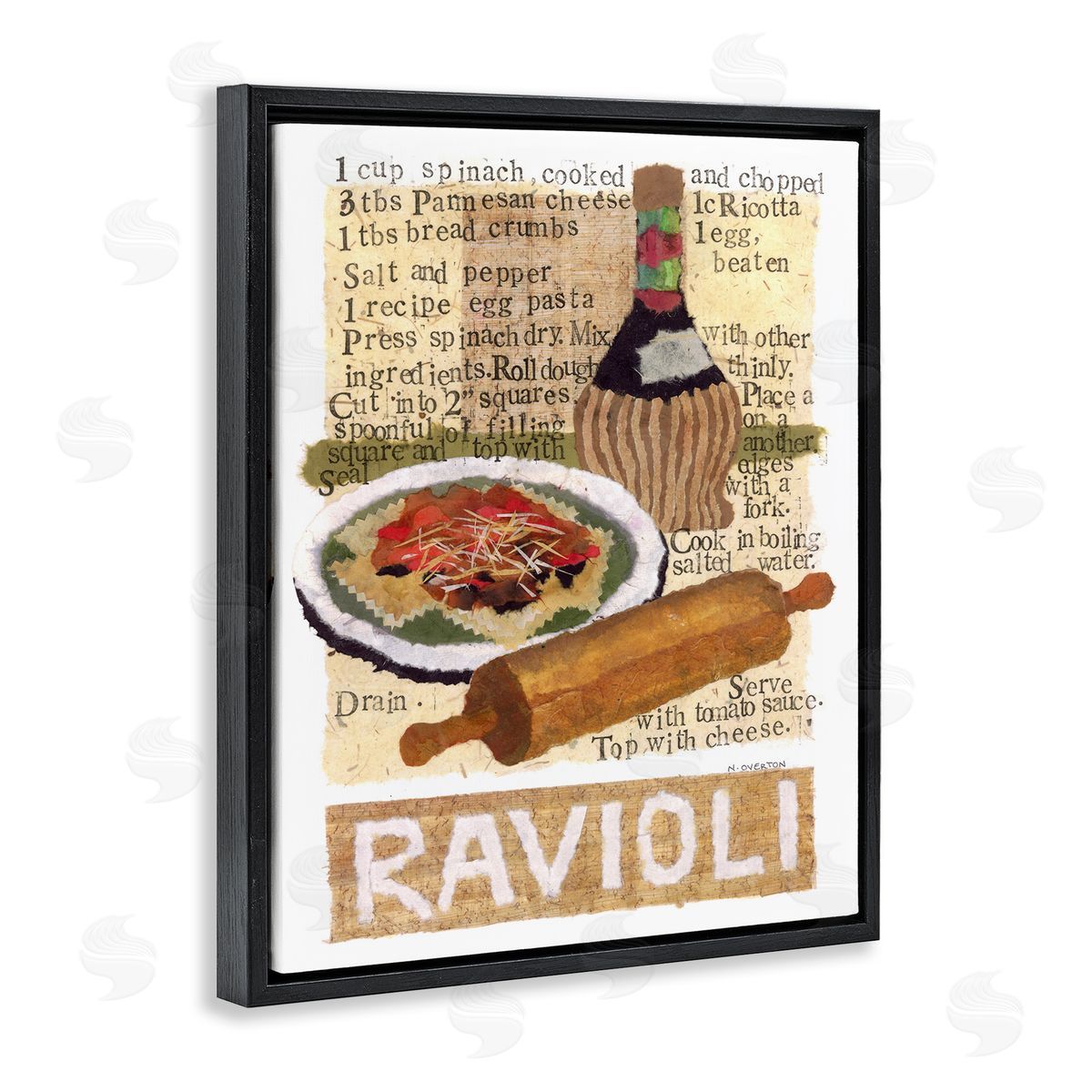 Vintage Ravioli Recipe Black Floating Frame Canvas Wall Art, Home Decor by Nancy Overton
