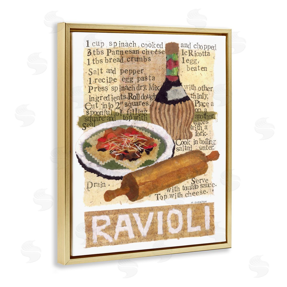Vintage Ravioli Recipe Gold Floating Frame Canvas Wall Art, Home Decor by Nancy Overton