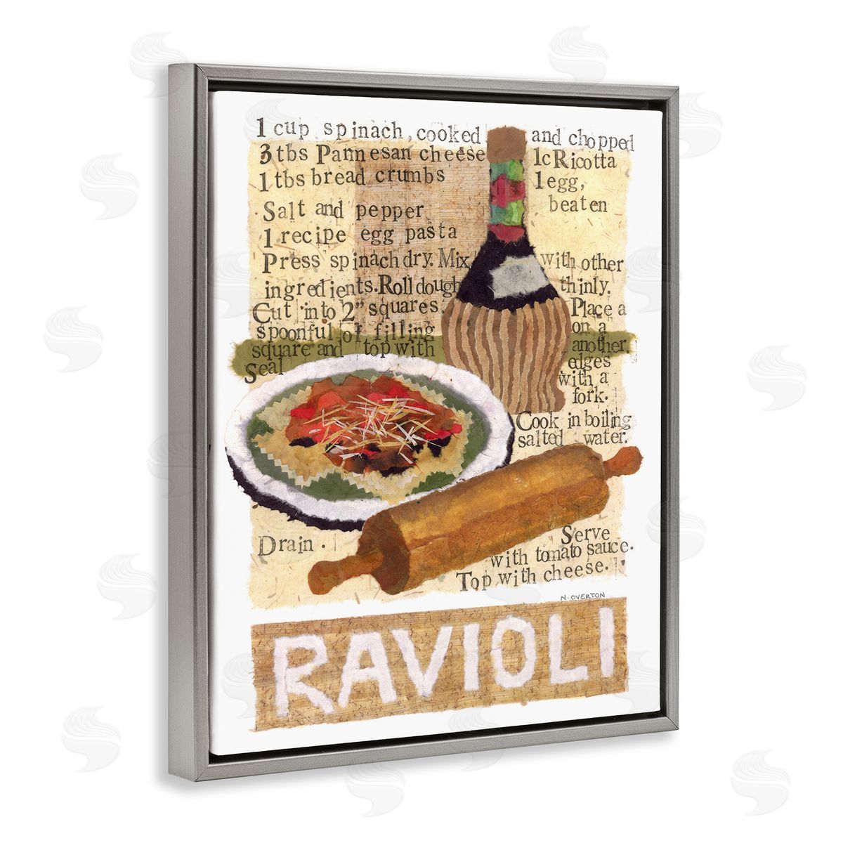 Vintage Ravioli Recipe Grey Floating Frame Canvas Wall Art, Home Decor by Nancy Overton